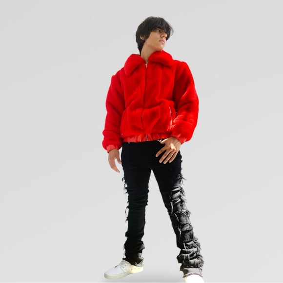 Men’s Fashion Faux Fur Red Fuzzy Jacket NWT - Picture 8 of 9